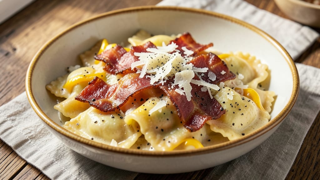 Bacon Carbonara Ravioli Sauce Recipe: Smoky-Peppery Cream With Crispy Bacon Bits