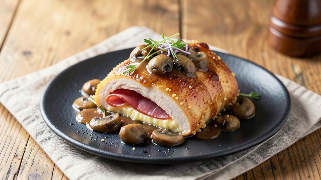 Chicken Cordon Bleu with Mushroom Sauce Recipe: Crispy Breaded Cutlets in Rich Mushroom Wine Gravy
