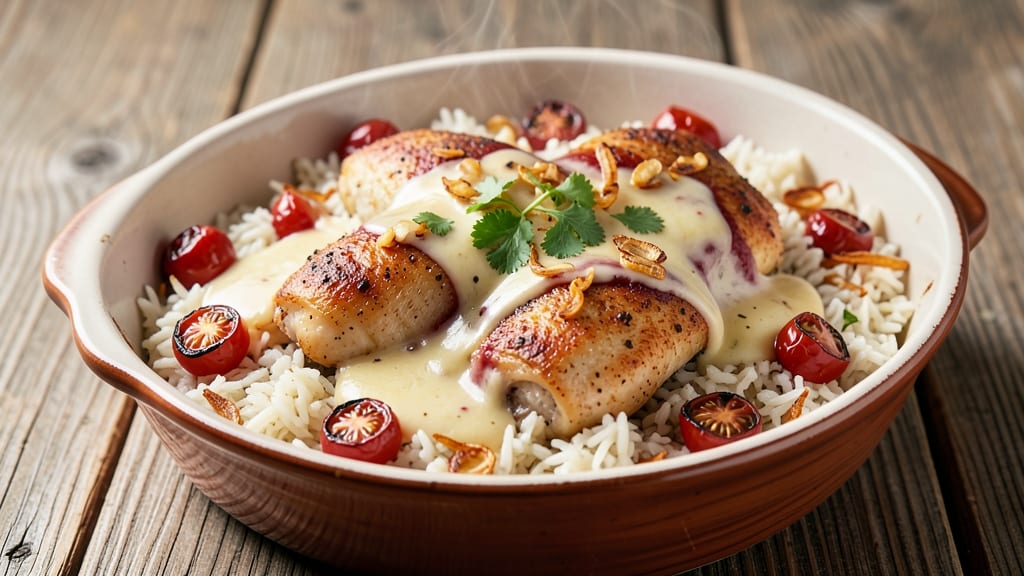 Arroz Con Pollo Cheese Sauce Recipe: Creamy Tomato-Cream Fusion Over Fluffy Rice